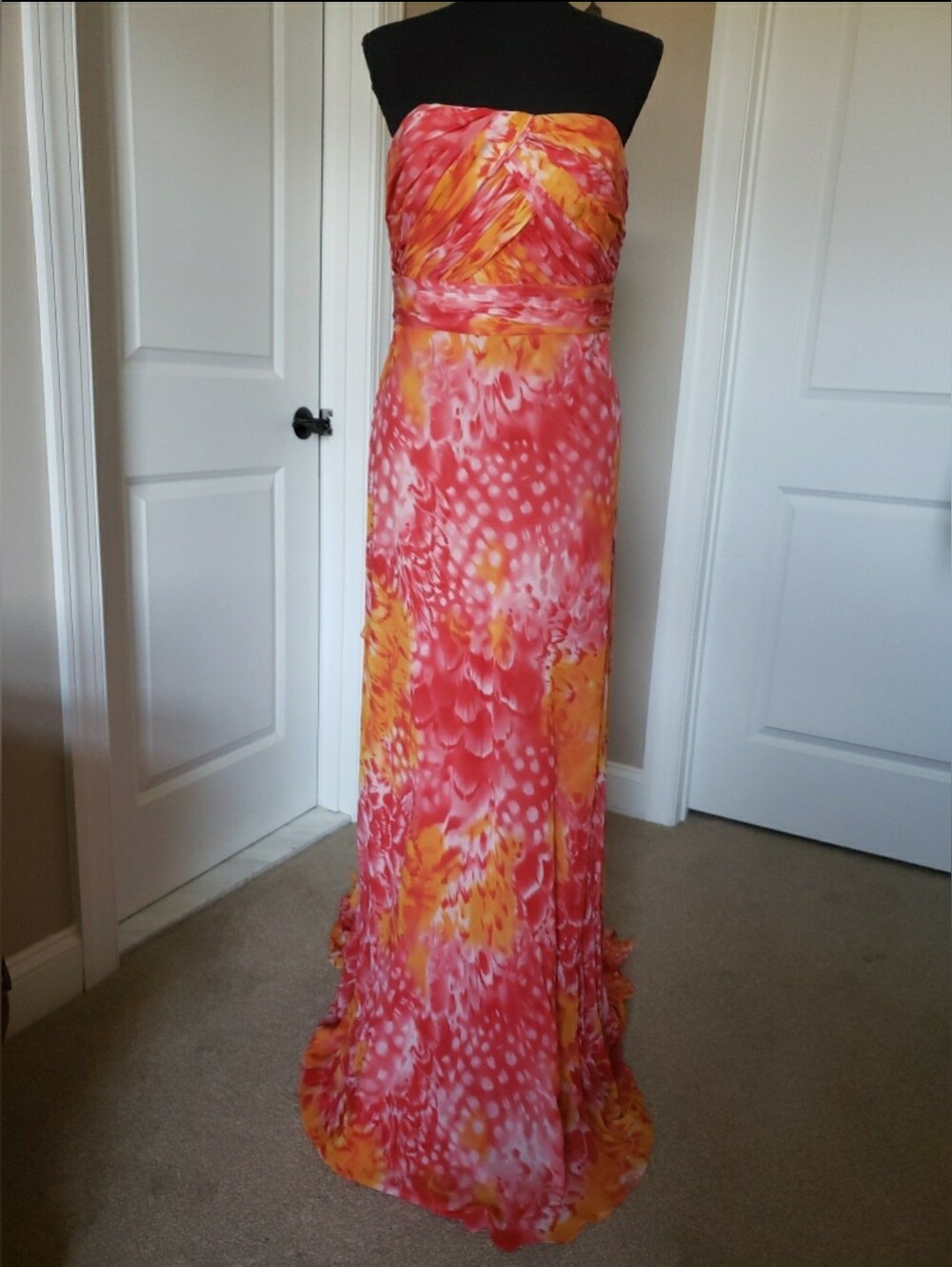 Carmen Marc Valvo Strapless Coral Pink & Yellow Maxi Dress